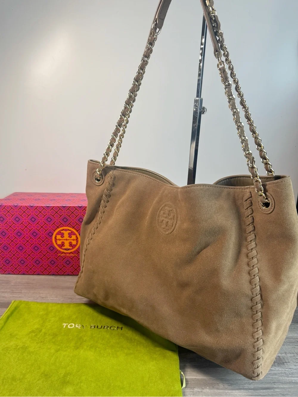 Tory Burch Marion Suede Tote Whipstitch Gold Chain Bag $498